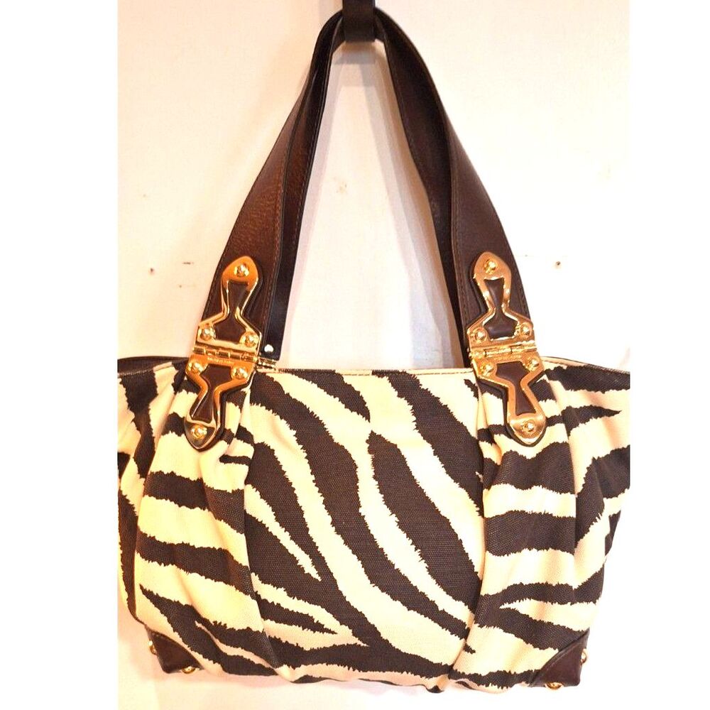 Michael Kors Zebra Print Canvas Leather Trim & Gold Tone Hinged Shoulder Straps
